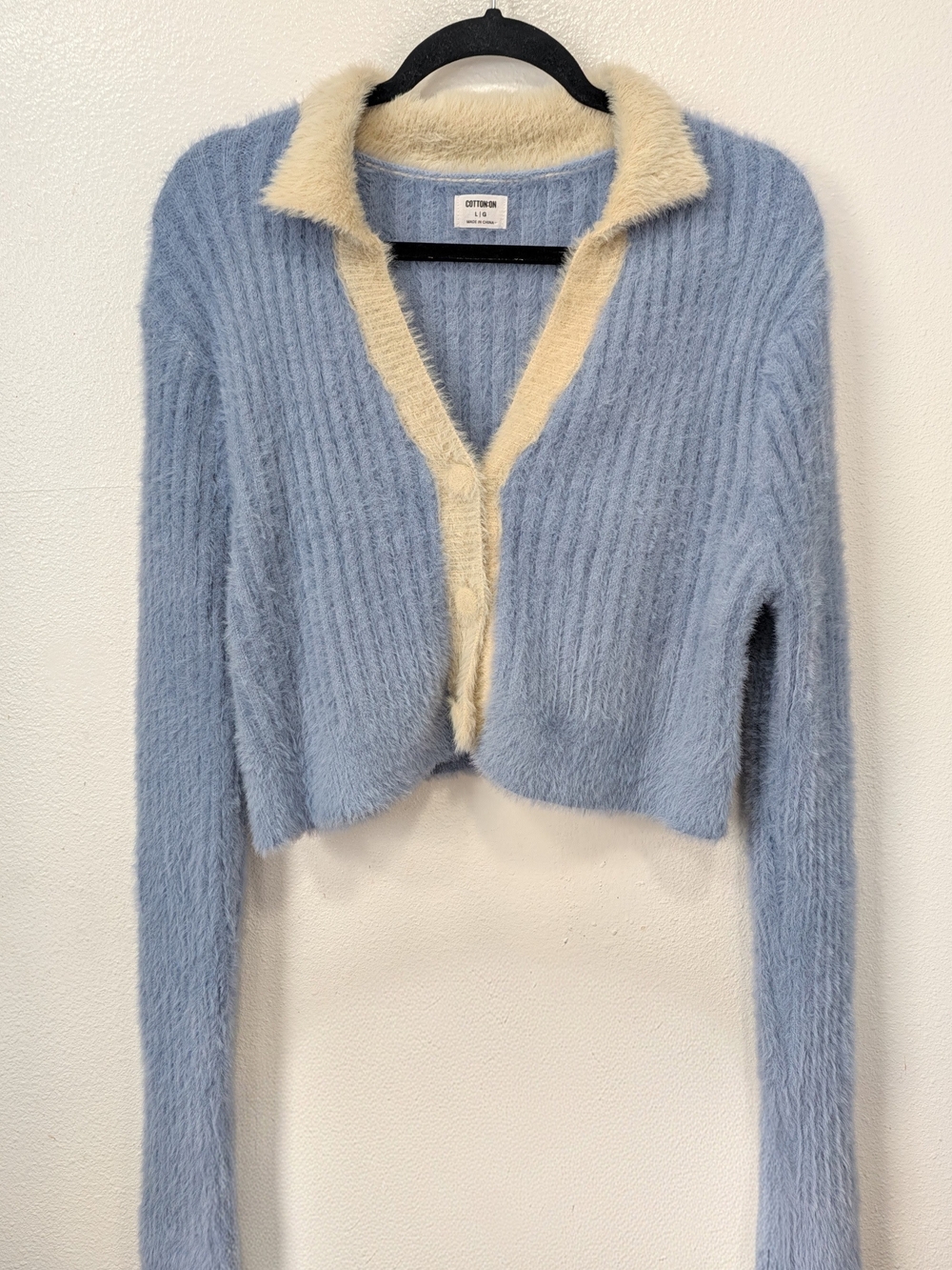 Cotton On Blue Cropped Fuzzy Cardigan with Cream Trim